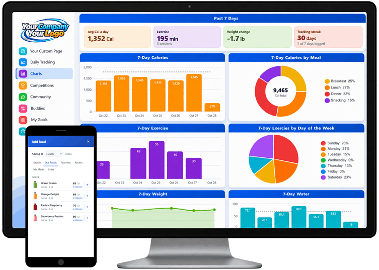 White label diet and fitness app interface on mobile and desktop